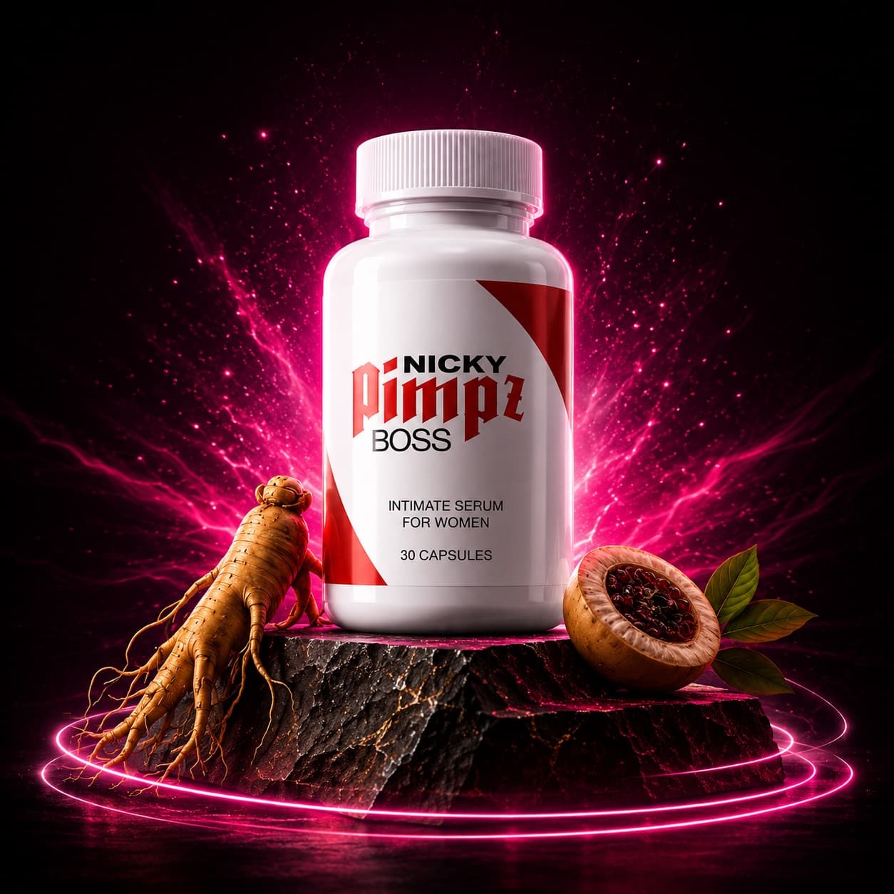 Nicky Pimpz Boss product composition with ingredient imagery
