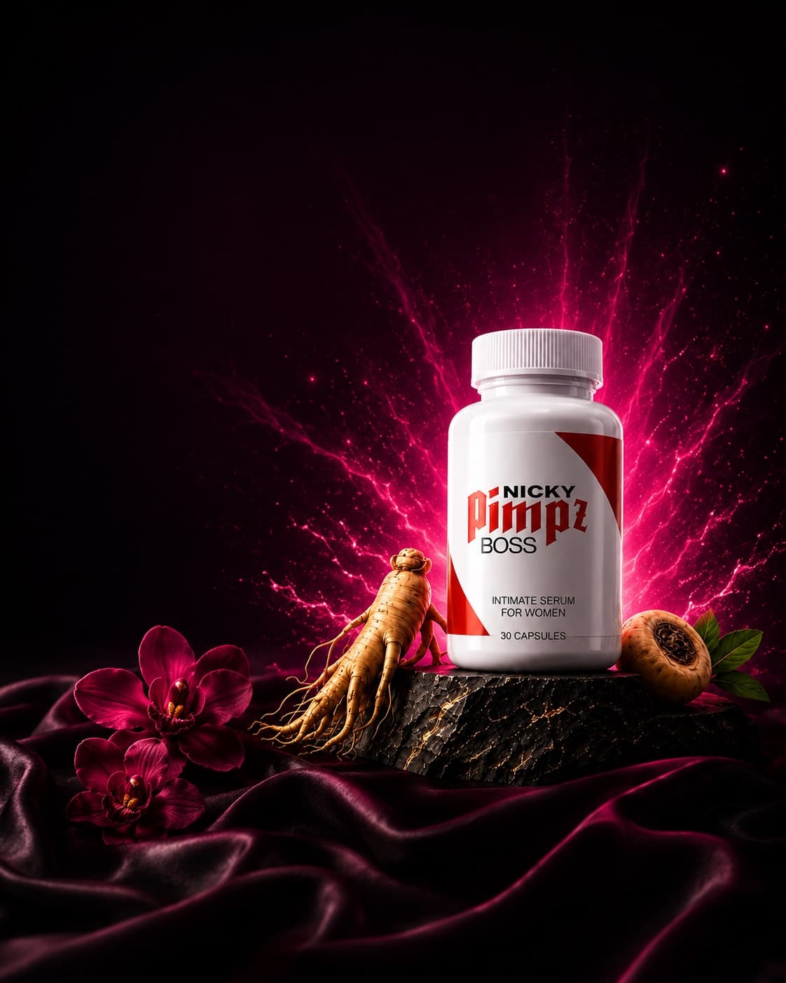 Nicky Pimpz Boss intimate serum bottle with ginseng root, orchid flowers, and beet root on premium dark stone with a pink energy glow background
