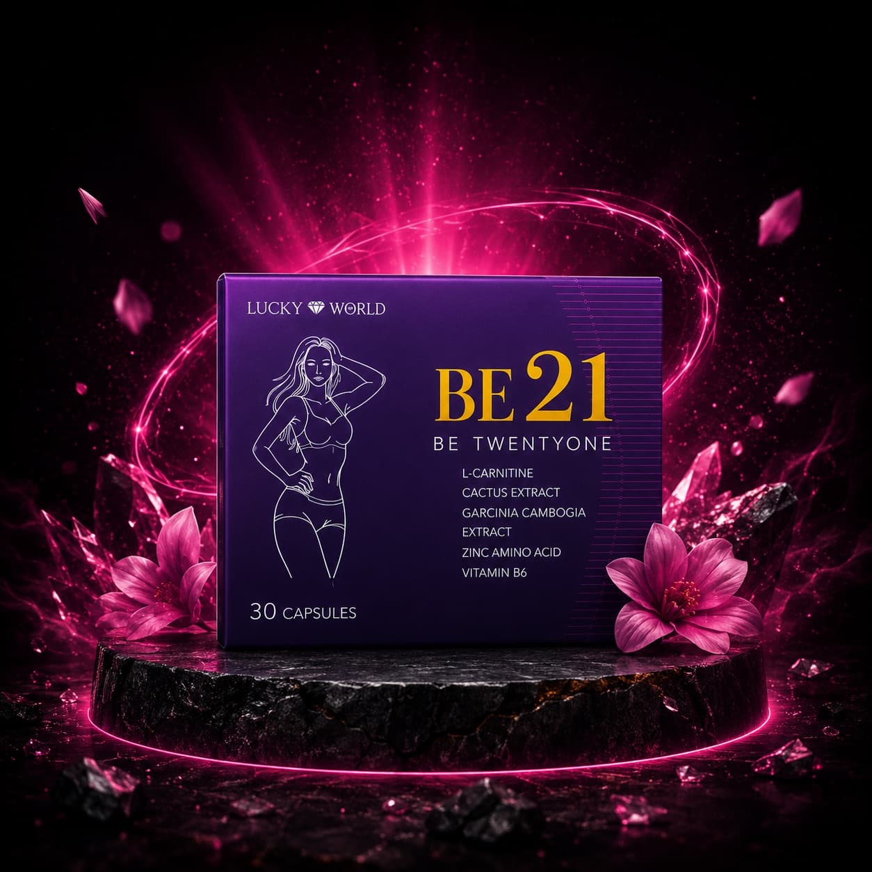 B21 product box with pink floral glow on dark pedestal