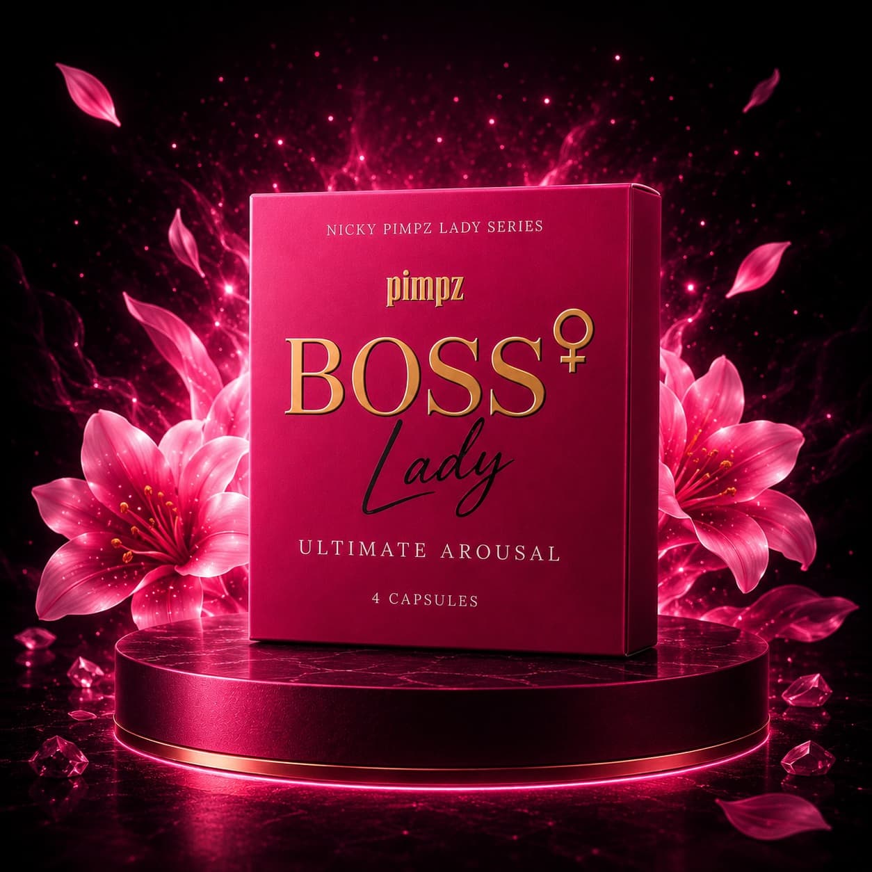 Boss Lady product box with pink floral energy background